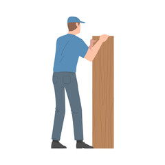Young Man in Blue Cap Assembling and Installing Wooden Furniture Vector Illustration