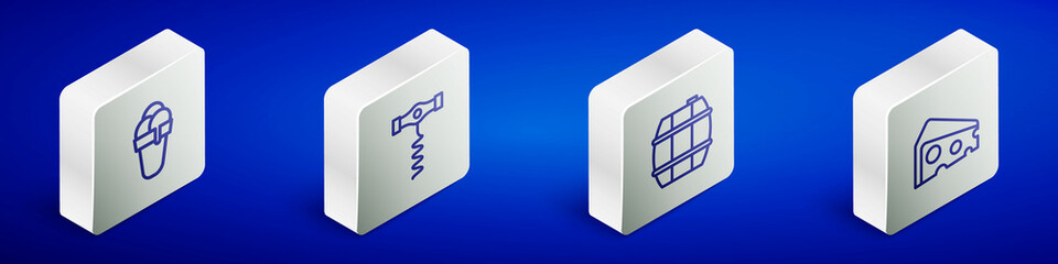 Set Isometric line Ice cream, Wine corkscrew, Barrel for wine and Cheese icon. Vector