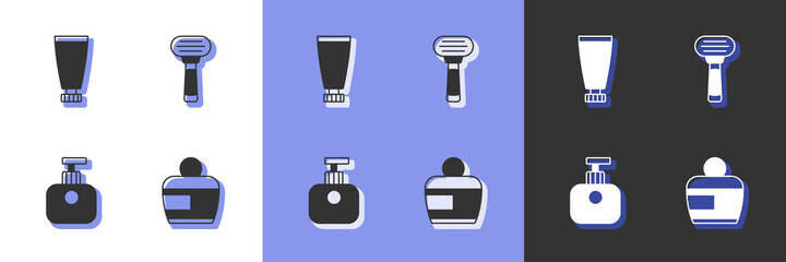 Set Cream or lotion cosmetic tube, Tube of hand cream and Shaving razor icon. Vector