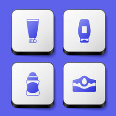 Set Cream or lotion cosmetic tube, Bottle of shampoo, Deodorant roll and Acne icon. White square button. Vector