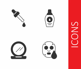 Set Facial cosmetic mask, Pipette with oil, Makeup powder mirror and Bottle of shampoo icon. Vector