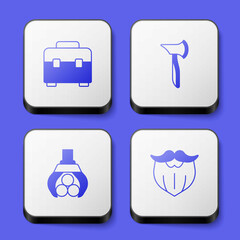 Set Toolbox, Wooden axe, Grapple crane grabbed log and Mustache and beard icon. White square button. Vector