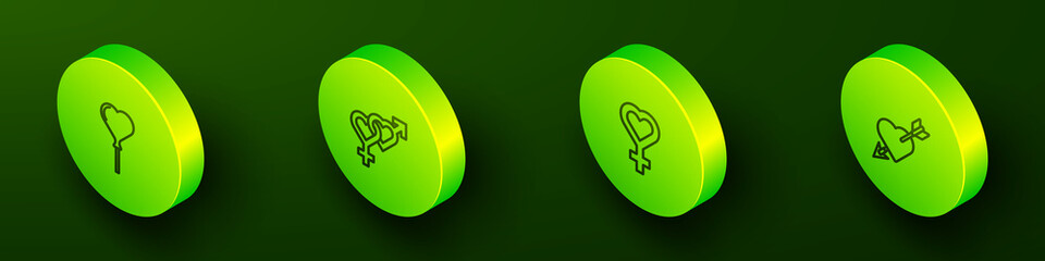 Set Isometric line Balloons in form of heart, Gender, Female gender symbol and Amour with and arrow icon. Vector