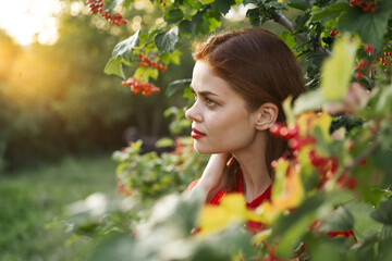 Woman red dress green leaves nature summer