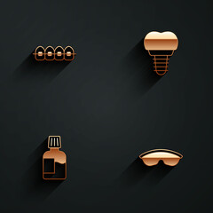 Set Teeth with braces, Dental implant, Mouthwash and Safety goggle glasses icon with long shadow. Vector