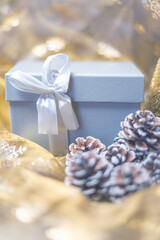 Pastel gray gift box with woody seed cones, gold colored  background.