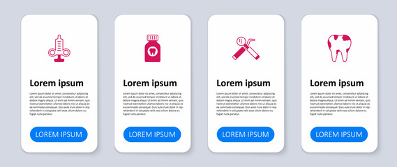 Set Broken tooth, Dental mirror and probe, Toothache painkiller tablet and Syringe. Business infographic template. Vector