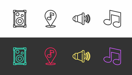 Set line Stereo speaker, Location musical note, Speaker volume and Music tone on black and white. Vector