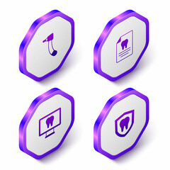 Set Isometric Tooth drill, Clipboard with dental card, Online care and Dental protection icon. Purple hexagon button. Vector