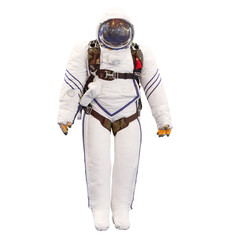 Space suit in parachute belt outfit, isolated on white background.
