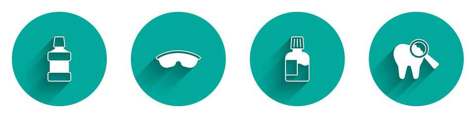 Set Mouthwash, Safety goggle glasses, and Broken tooth icon with long shadow. Vector