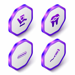 Set Isometric Medical dental chair, Teeth with braces, and Tube of toothpaste icon. Purple hexagon button. Vector