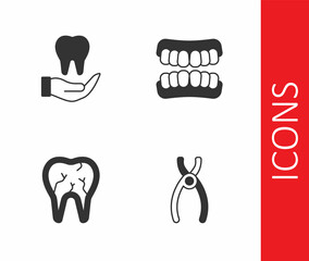 Set Dental pliers, Tooth, Broken tooth and Dentures model icon. Vector