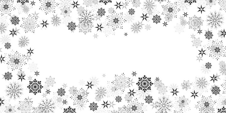 Vector. Winter snowflakes border trendy background. Frame flying close-up snowflakes border illustration, card or banner with confetti flakes scatter frame, snowy elements. Freeze cold. Black snow.