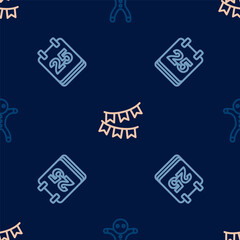 Set line Holiday gingerbread man cookie, Christmas calendar and Carnival garland with flags on seamless pattern. Vector