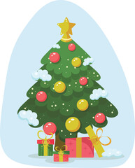 Decorated Christmas tree with gift boxes, star, lights, decoration balls and lamps. Merry Christmas and Happy New Year. Vector flat plane style illustration.