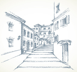 Street of the old city. Vector drawing