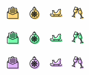 Set line Christmas santa claus sleigh, Envelope, ball and Glass of champagne icon. Vector