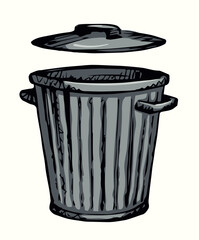 Iron trash can isolated on white. Black ink hand drawn sign