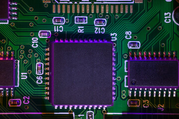 Macro close-up shot of a microchip, processor (CPU) concept of a high-tech control system for...
