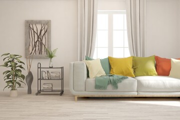 White living room with sofa. Scandinavian interior design. 3D illustration