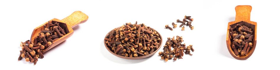 Set of spice clove (Syzygium aromaticum) in scoop, clay plate, bunch on white background isolated. Close up