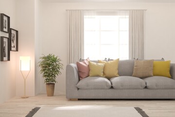 White living room with sofa. Scandinavian interior design. 3D illustration