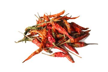 Dried red chillies put together on a white background. Isolated.