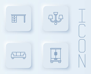 Set line Office desk, Chandelier, Sofa and Wardrobe. White square button. Vector