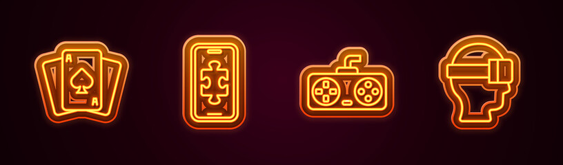 Set line Playing cards, Mobile gaming, Game controller or joystick and Virtual reality glasses. Glowing neon icon. Vector