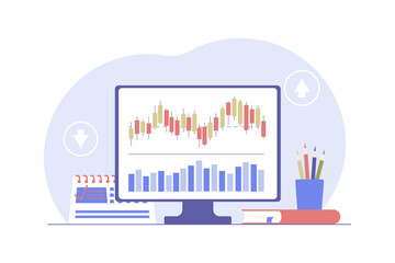Desktop of investor, trader. Monitor with charts of growth and fall of stocks. Successful investment strategy concept. Stock exchange glass, goal achievement, planning. Vector illustration