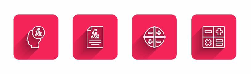 Obraz premium Set line Function mathematical symbol, , XYZ Coordinate system and Calculator with long shadow. Red square button. Vector