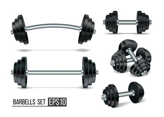 Fototapeta Gym equipment set. Fitness sport, heavy weight barbells and bodybuilding dumbbells obraz