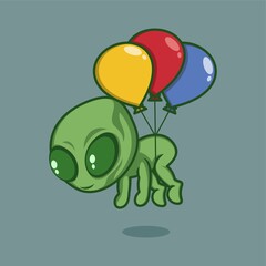 cute cartoon alien floating on balloon power. vector illustration for mascot logo or sticker