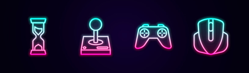 Set line Old hourglass, Joystick for arcade machine, Game controller joystick and Computer mouse. Glowing neon icon. Vector © Iryna