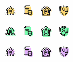 Set line House, flood, Contract with shield and Life insurance icon. Vector