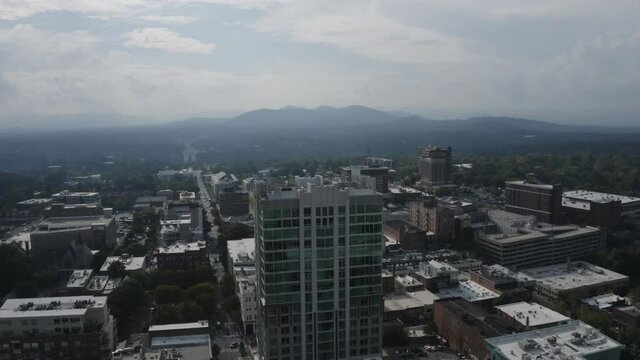Asheville, North Carolina aerial drone, Cityscape and Blue Ridge Mountains
