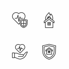 Set line House with shield, Life insurance in hand, and Fire burning house icon. Vector