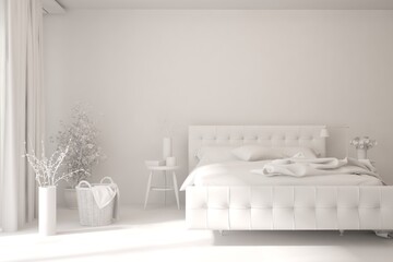 Modern bedroom in white color. Scandinavian interior design. 3D illustration