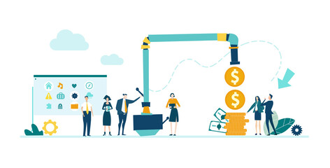 Business people, team working hard on producing new product. Making money, working factory line, new business. 