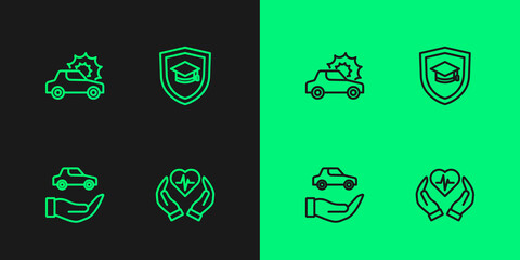 Set line Life insurance, Car, and Graduation cap with shield icon. Vector