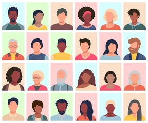 Set of persons, avatars, people heads of different ethnicity and age in flat style. Multi nationality social networks people faces collection. - 467741903