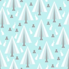 Winter Forest and hare pattern seamless. Trees and rabbit background