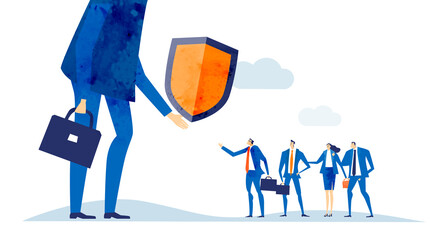 Big boss shakes hand with the member of his team and giving protective shield. Working together, control, support and advisory concept business illustration 