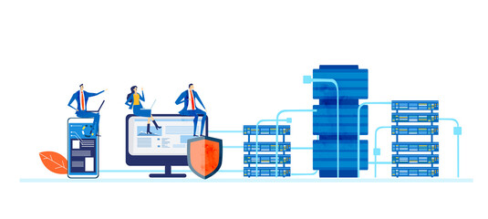 Group of successful business people working in server room. Technology, big data, personal  protection, internet security concept. 