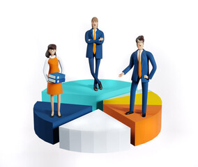Business people stands at diagram, chart pie. Economy, finance, growth, data analysing concept 3D rendering illustration 