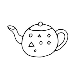 Black hand drawing illustration of a clay kettle with abstract pattern and hot water for tea isolated on a white background