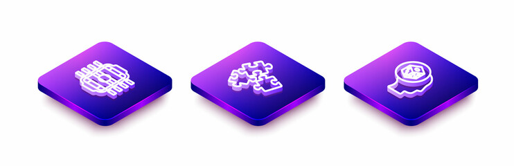 Set Isometric line Table football, Puzzle pieces toy and Game dice icon. Vector