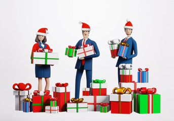 3D rendering illustration Business people  with lots of presents and Christmas gifts. Celebrating Christmas and new year in office, business and corporate life