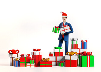 3D rendering illustration Businessman  with lots of presents and Christmas gifts. Celebrating Christmas and new year in office, business and corporate life